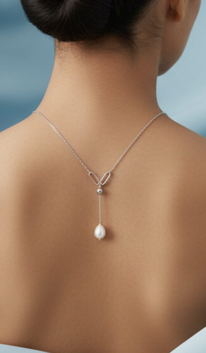 Modern Interlocking Link & Pearl Lariat Necklace | Sterling Silver