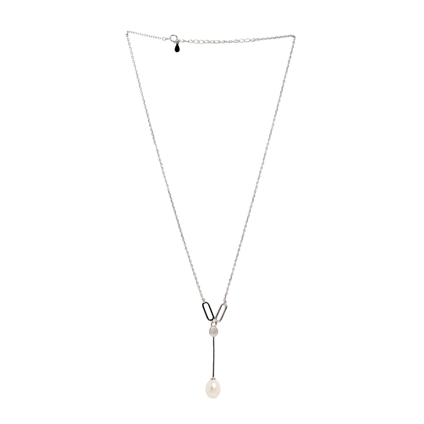 Modern Interlocking Link & Pearl Lariat Necklace | Sterling Silver
