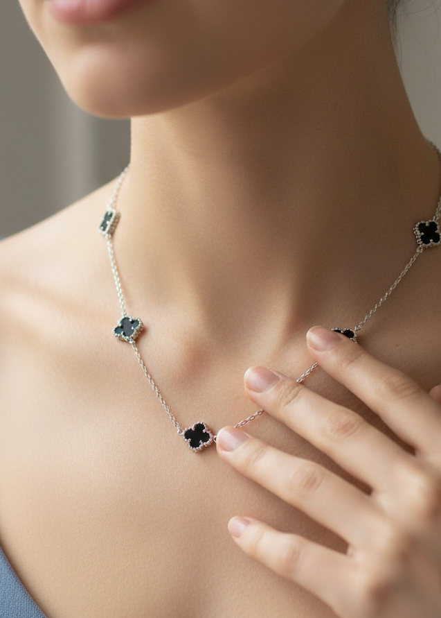 Black Onyx Clover Station Necklace | Sterling Silver