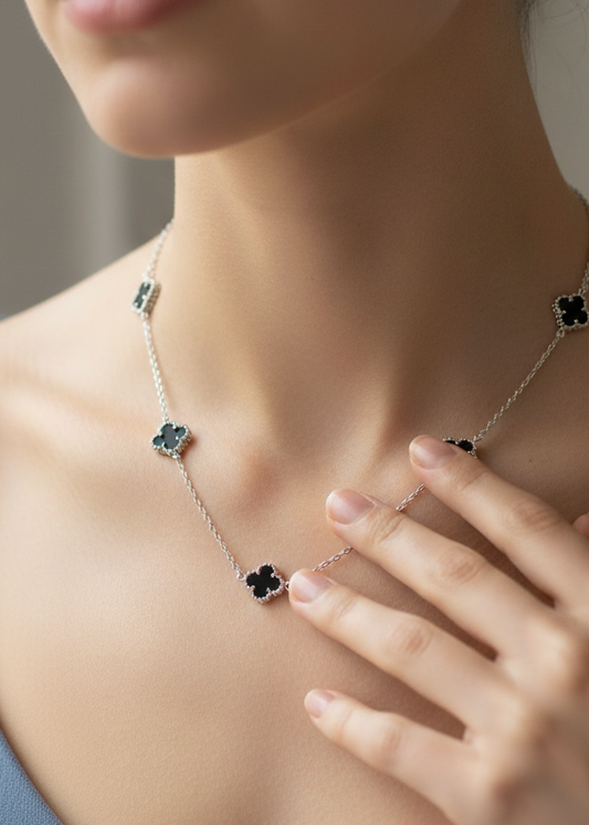 Black Onyx Clover Station Necklace | Sterling Silver