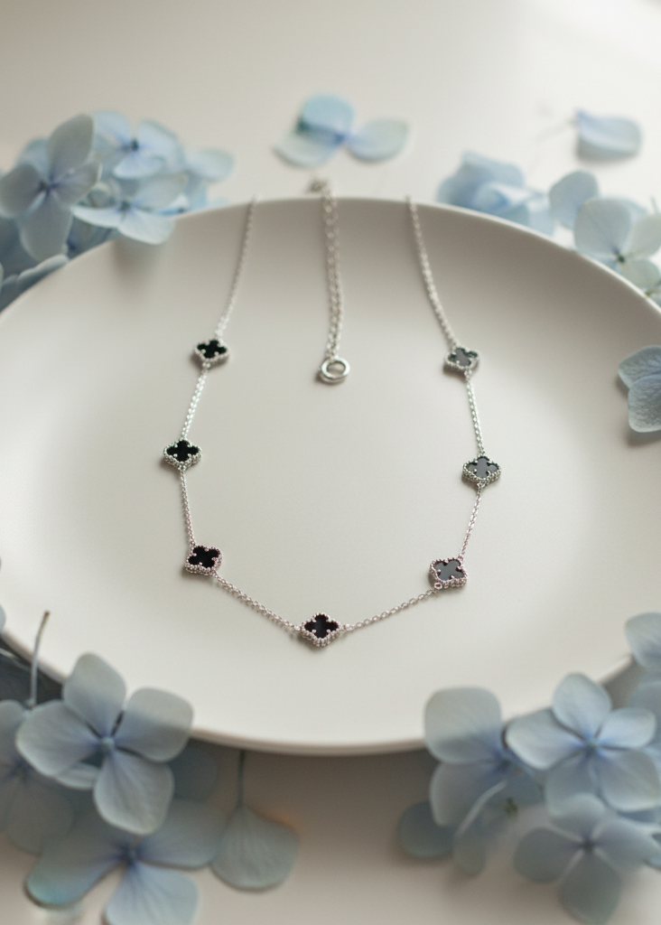 Black Onyx Clover Station Necklace | Sterling Silver