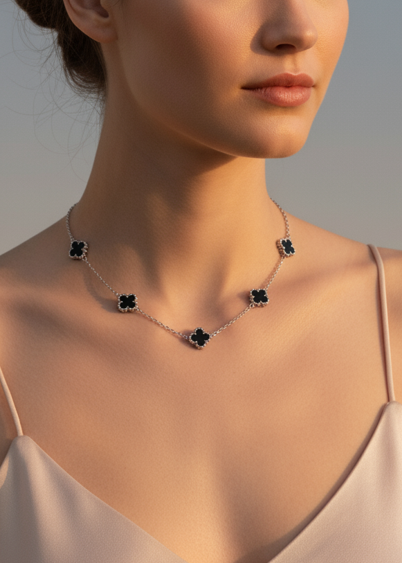 Black Onyx Clover Station Necklace | Sterling Silver
