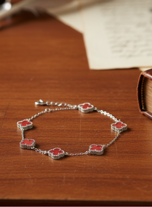 Red Agate Clover Bracelet | Sterling Silver