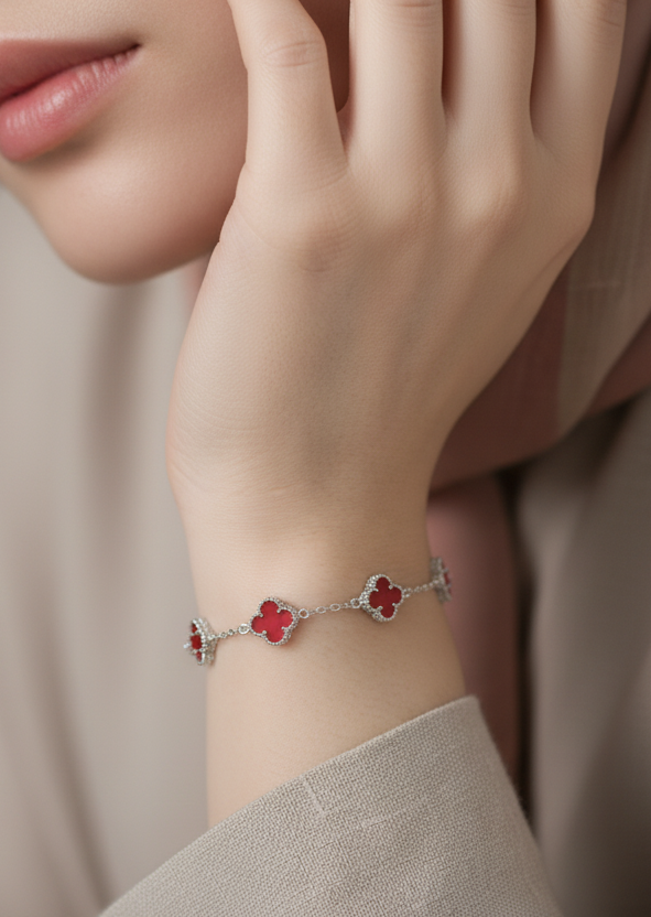 Red Agate Clover Bracelet | Sterling Silver