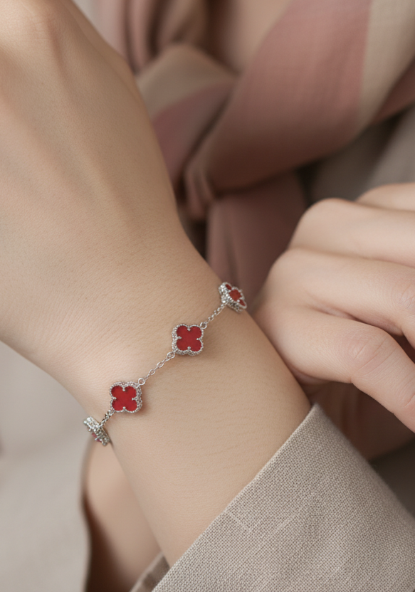 Red Agate Clover Bracelet | Sterling Silver