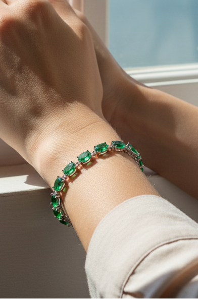 Vibrant Emerald Oval Tennis Bracelet | Sterling Silver
