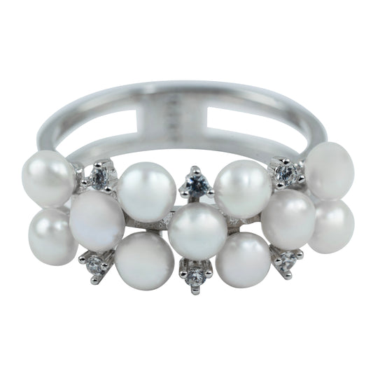 Multi-Band Pearl & Crystal Cluster Ring | Sterling Silver