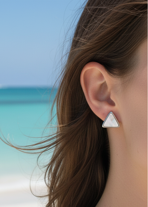 Geometric Triangle Mother of Pearl Stud Earrings | 925 Sterling Silver