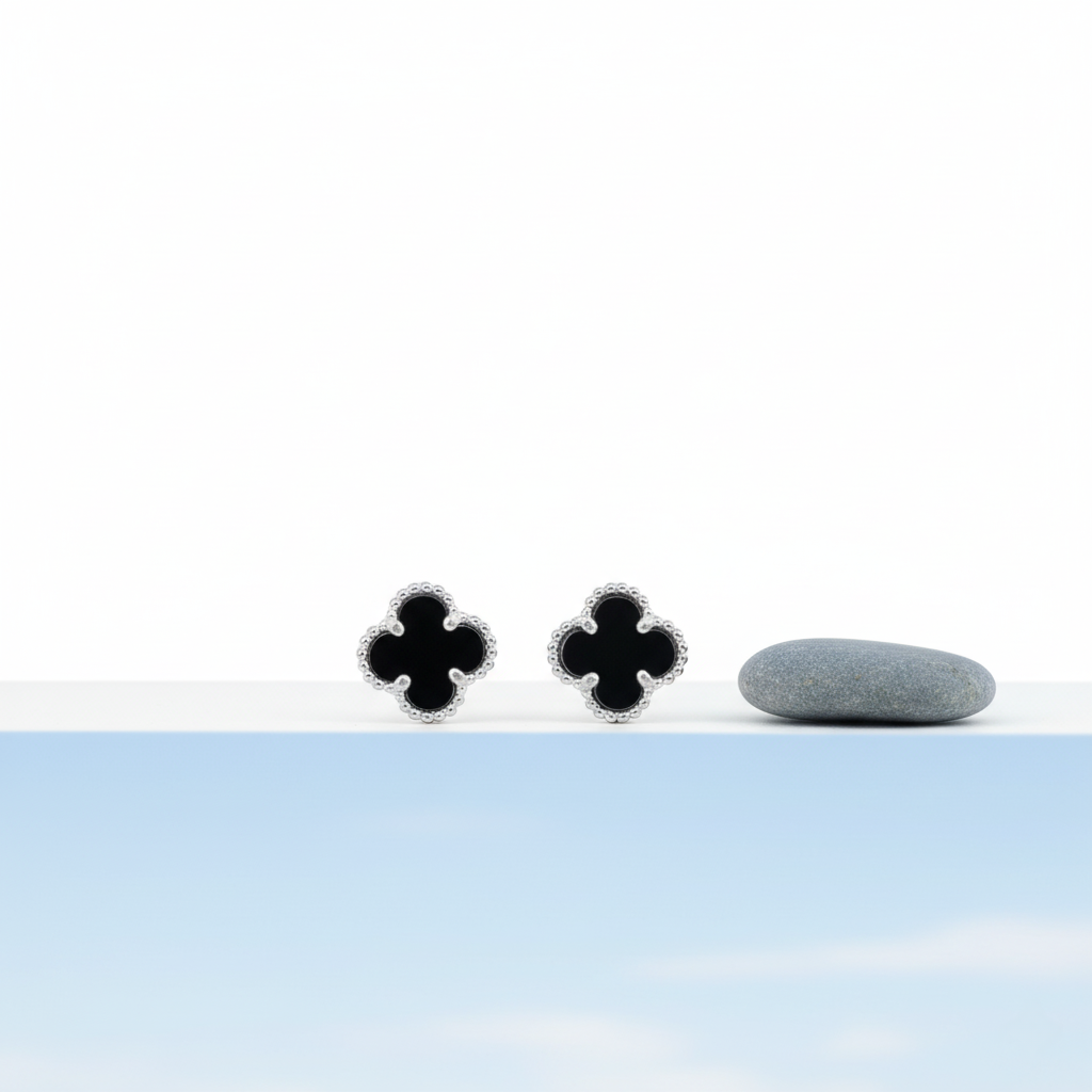 Classic Black Onyx Clover Stud Earrings | 925 Sterling Silver