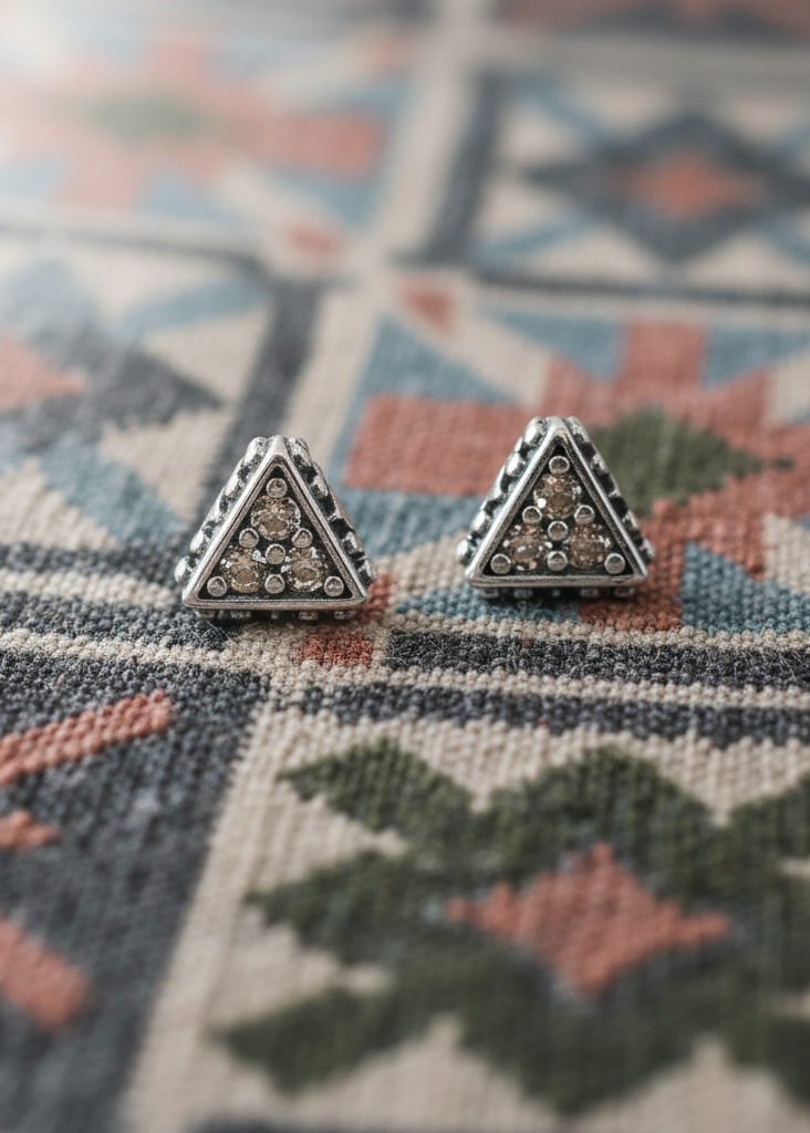 Vintage Triangle Stud Earrings | Oxidized Silver & Champagne Crystal