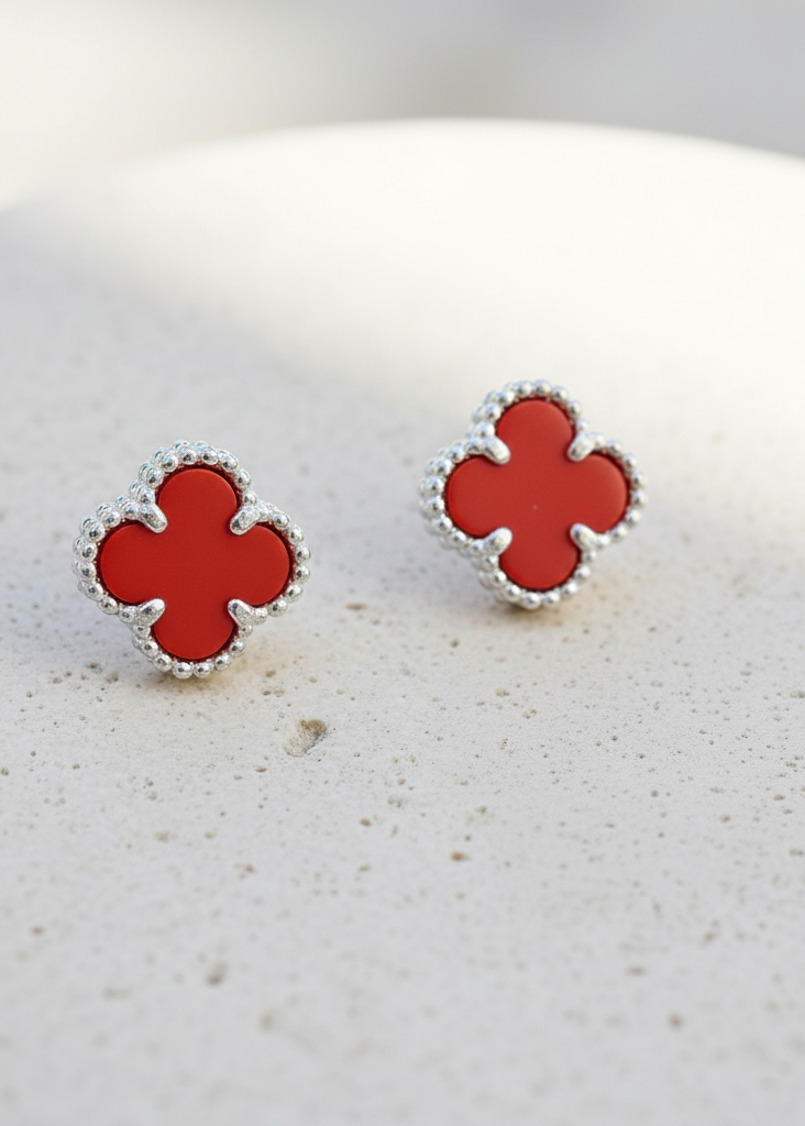 Classic Red Agate Clover Stud Earrings | 925 Sterling Silver