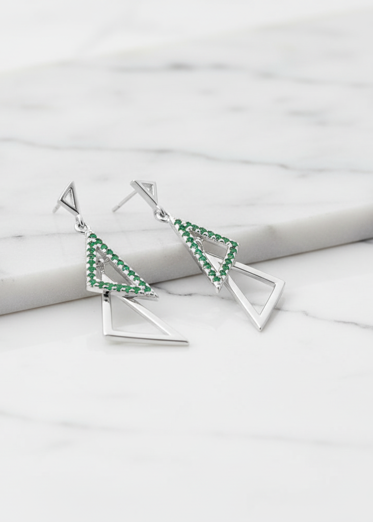Modern Geometric Triangle Drop Earrings | Green Crystal Pavé