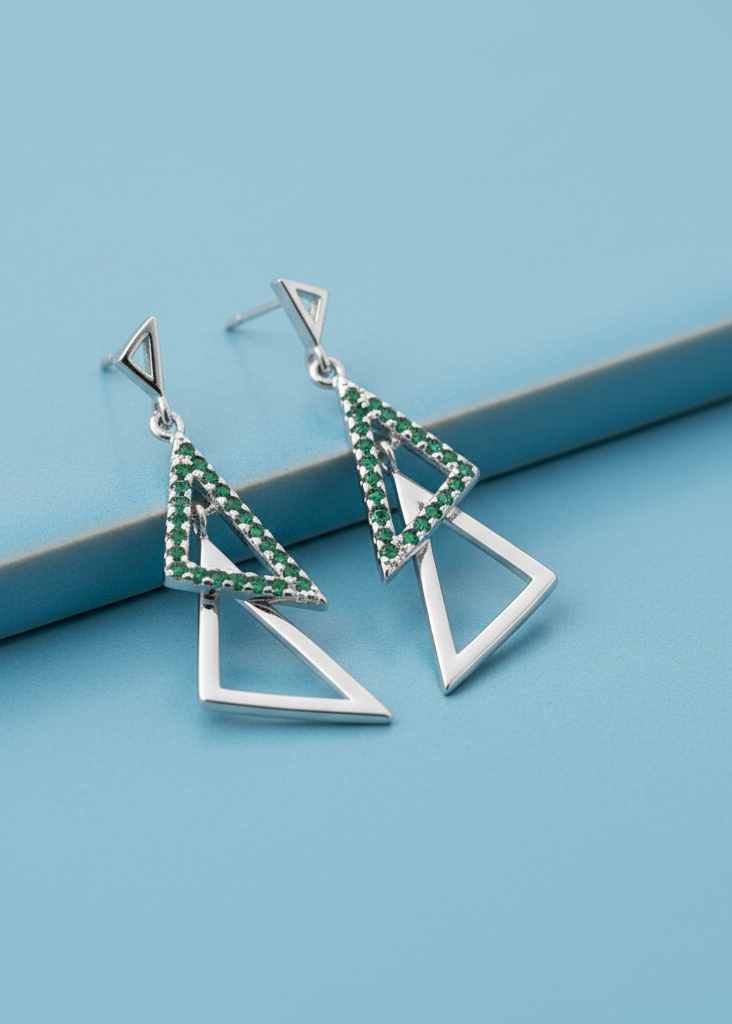 Modern Geometric Triangle Drop Earrings | Green Crystal Pavé