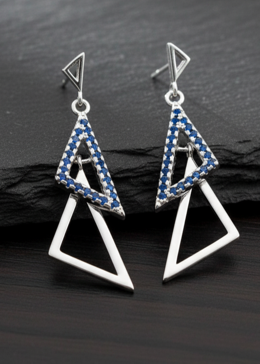 Modern Geometric Triangle Drop Earrings | Blue Crystal Pavé