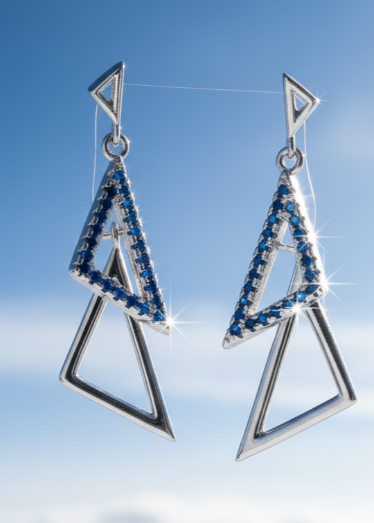 Modern Geometric Triangle Drop Earrings | Blue Crystal Pavé