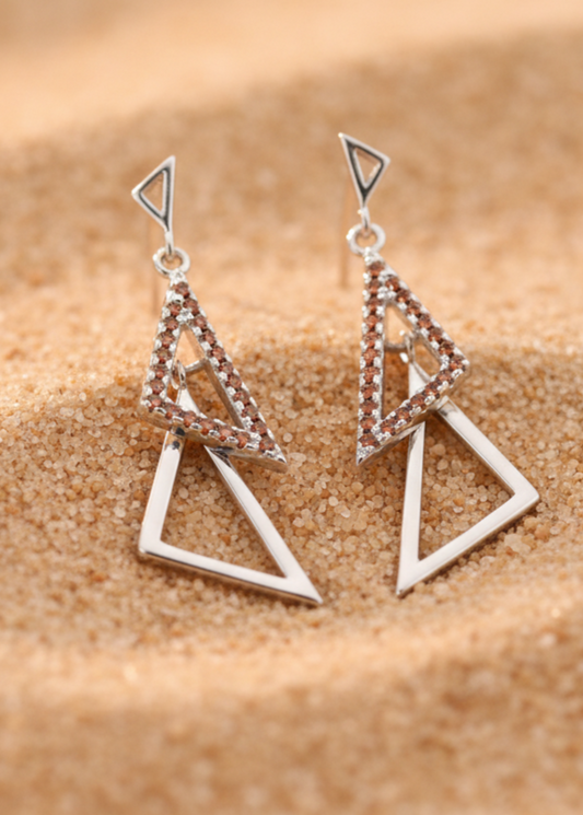 Modern Geometric Triangle Drop Earrings | Red Crystal Pavé