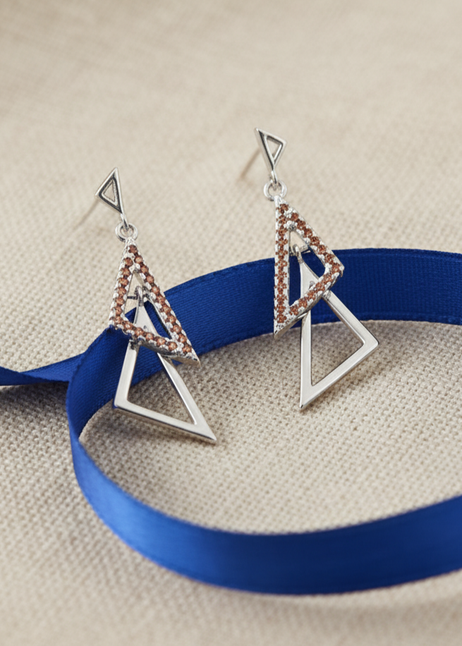 Modern Geometric Triangle Drop Earrings | Red Crystal Pavé