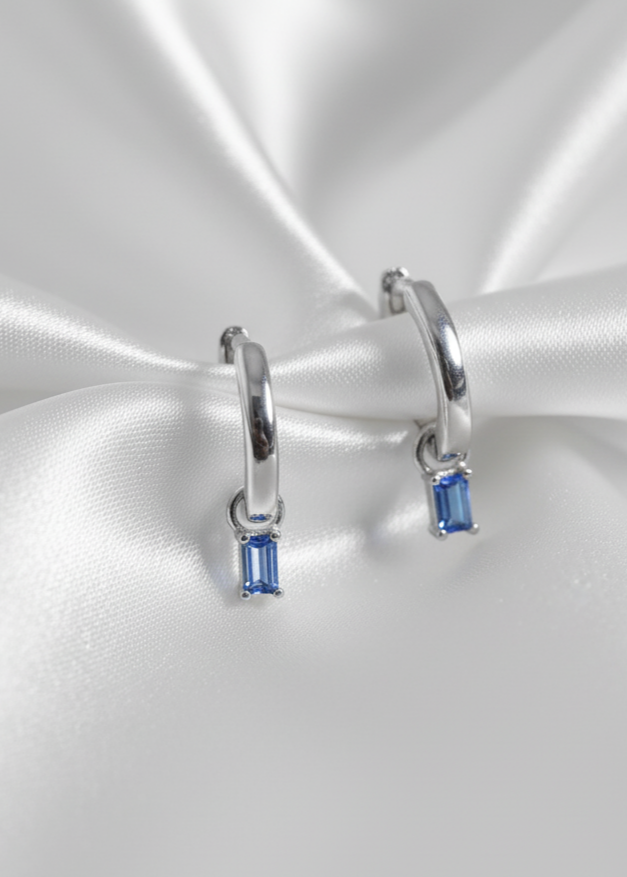 Sapphire Baguette Charm Huggie Hoops | 925 Sterling Silver