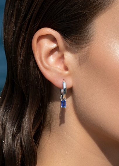 Sapphire Baguette Charm Huggie Hoops | 925 Sterling Silver