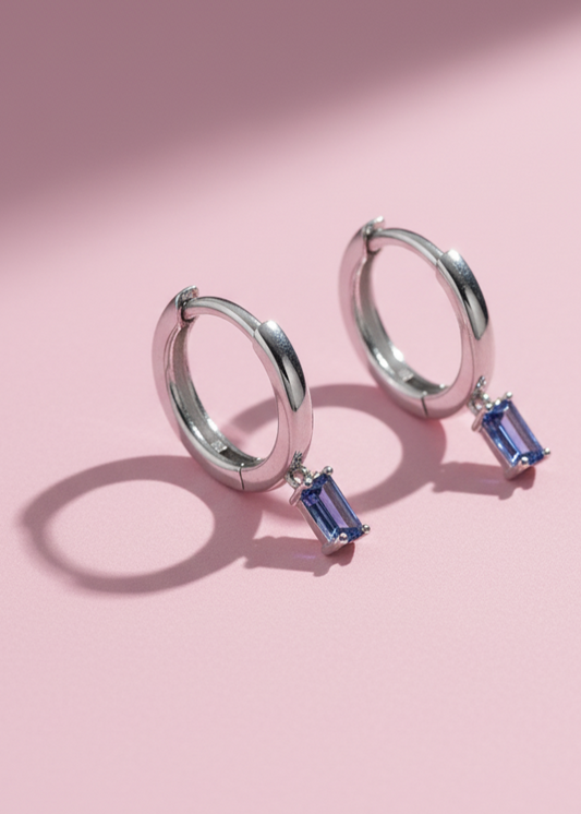 Sapphire Baguette Charm Huggie Hoops | 925 Sterling Silver