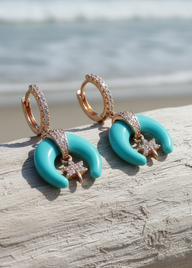 Turquoise Crescent Moon & Star Charm Huggie Hoops | Rose Gold Polish