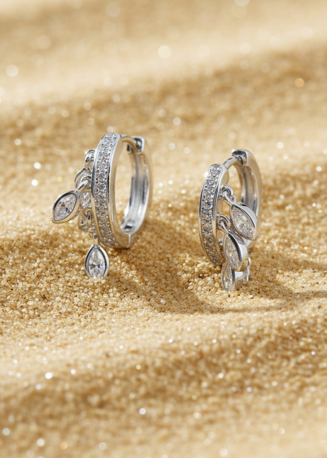 Cascading Crystal Leaf Huggie Hoops | 925 Sterling Silver