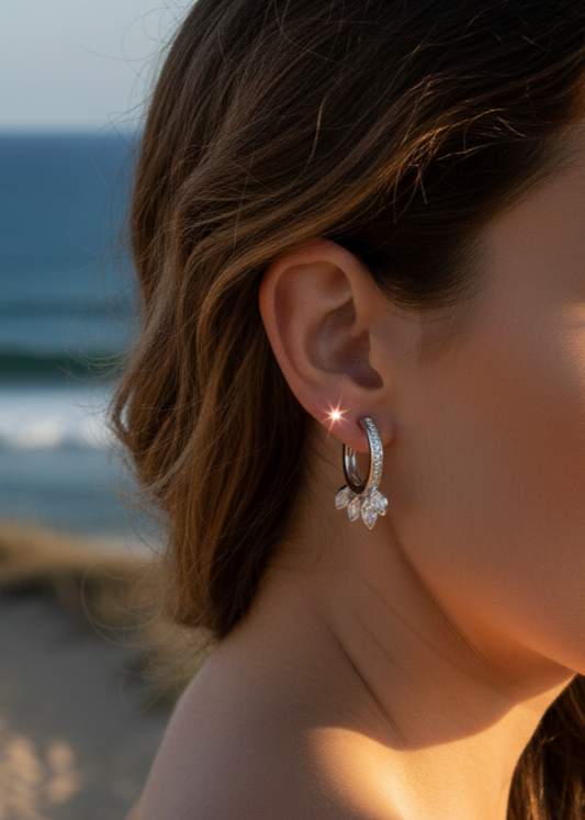 Cascading Crystal Leaf Huggie Hoops | 925 Sterling Silver