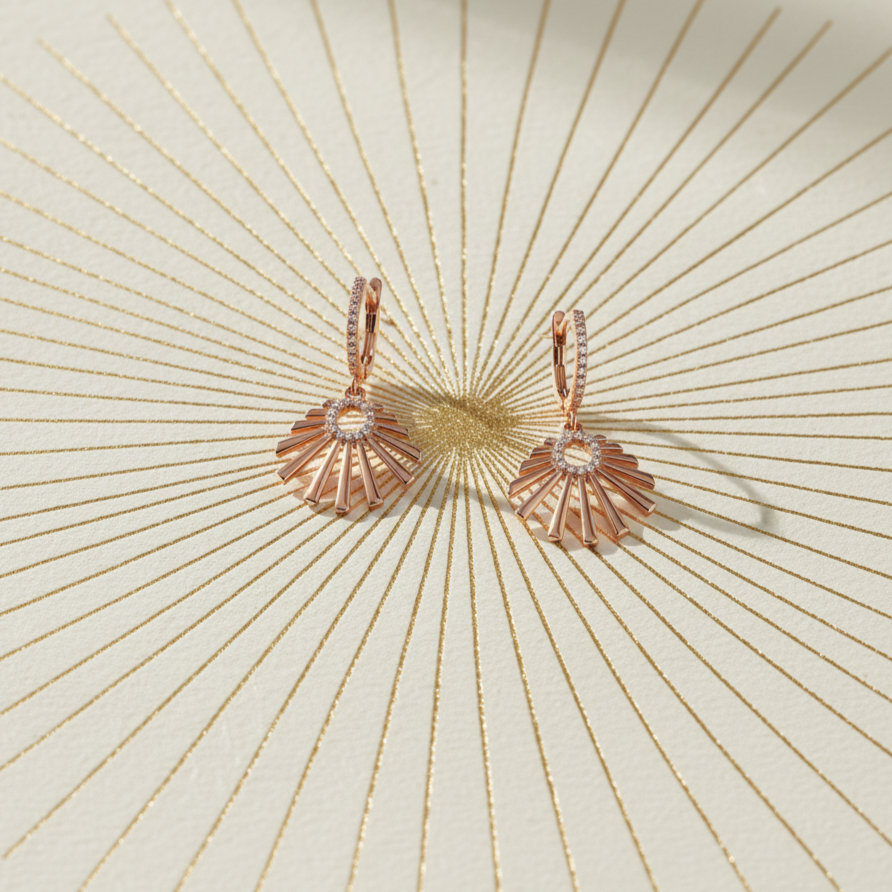 Art Deco Sunburst Fan Earrings | Rose Gold Polish & Crystal Pavé