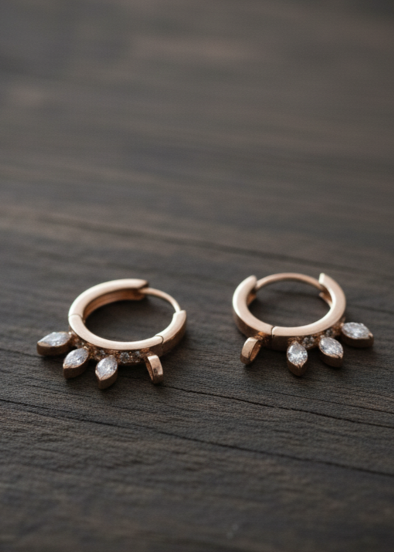 Cascading Crystal Leaf Huggie Hoops | Rose Gold Polish
