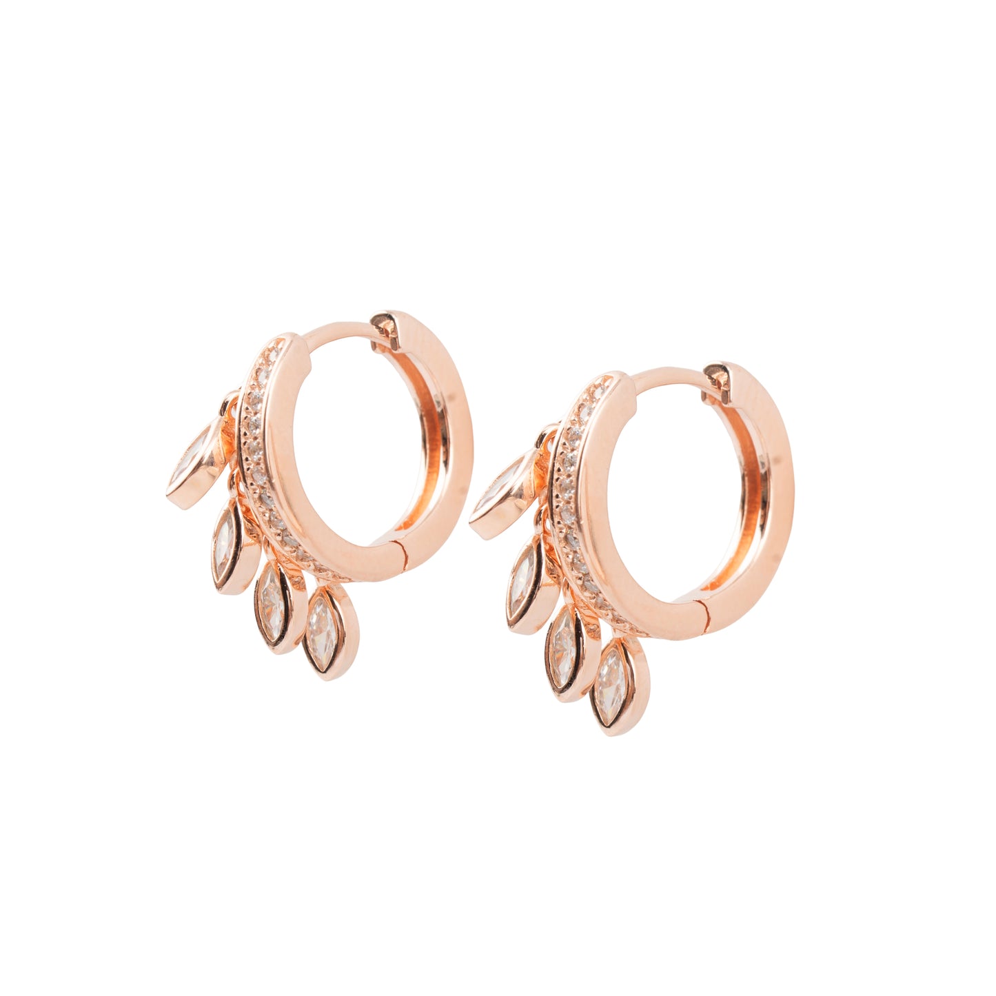 Cascading Crystal Leaf Huggie Hoops | Rose Gold Polish