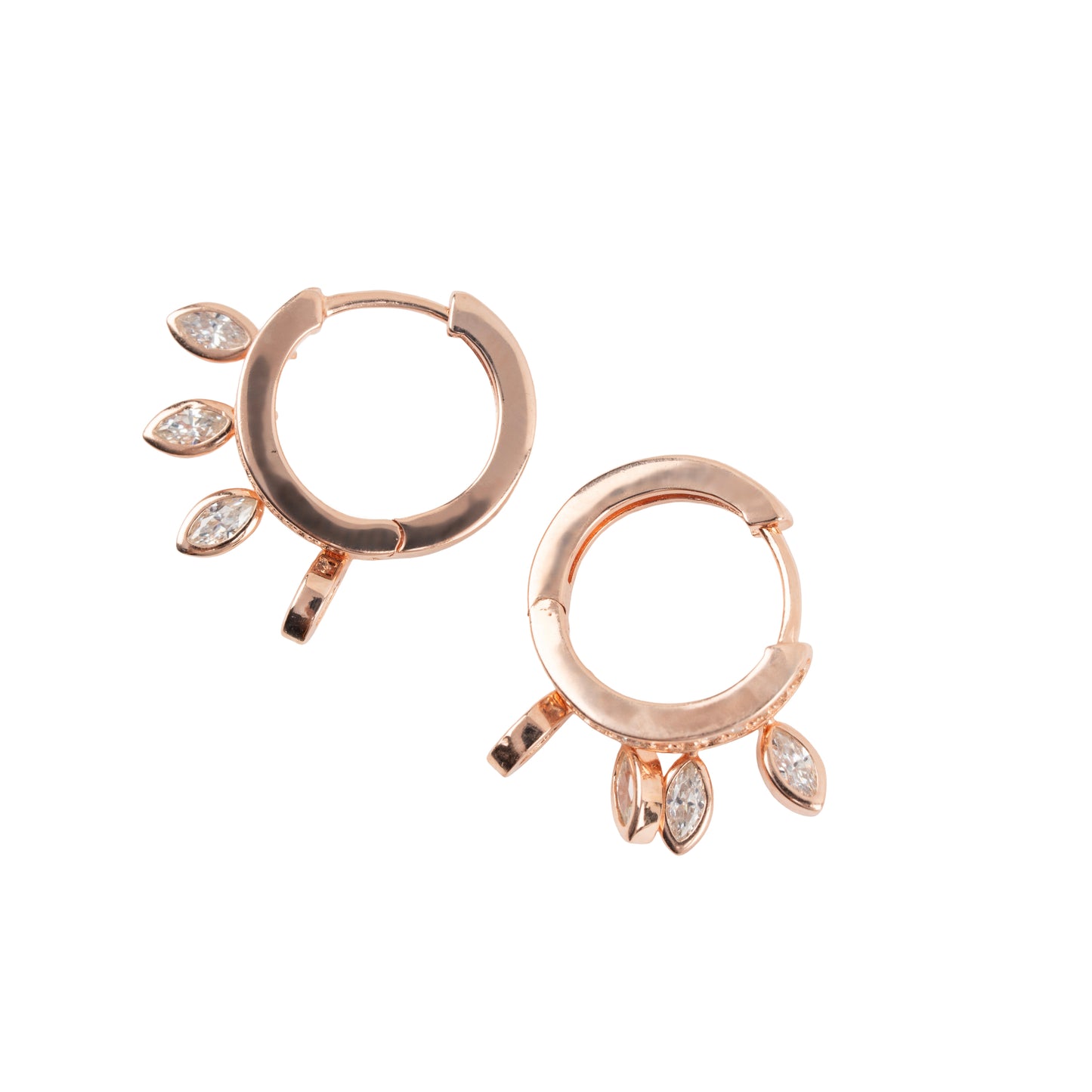 Cascading Crystal Leaf Huggie Hoops | Rose Gold Polish