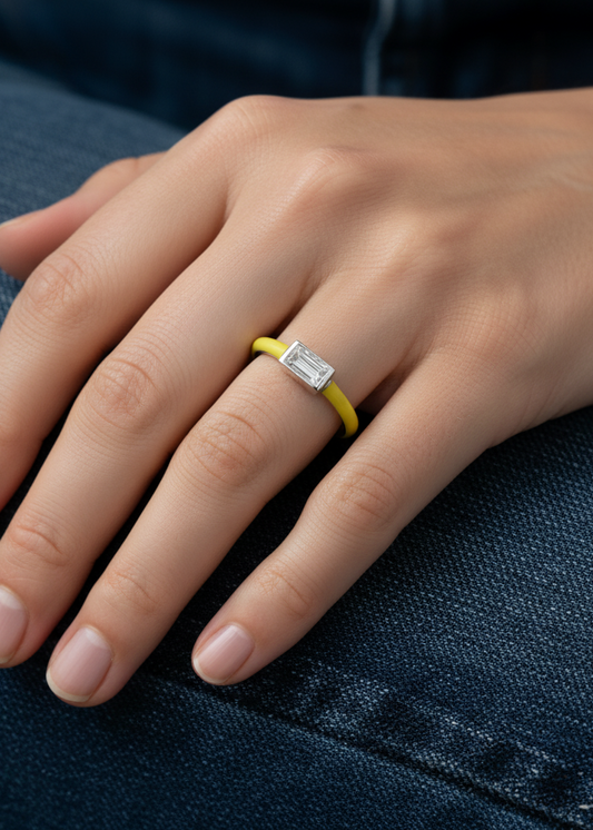 Modern Chartreuse Enamel & Crystal Solitaire Ring | Sterling Silver