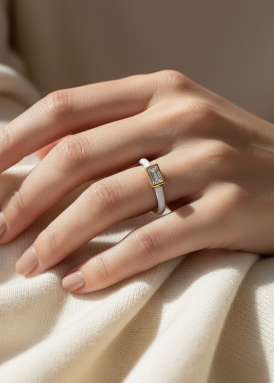Modern White Enamel & Crystal Solitaire Ring | Gold Polish