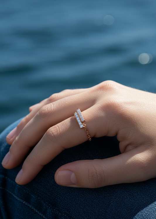 Modern Pavé Bar Double Chain Ring | Rose Gold Polish