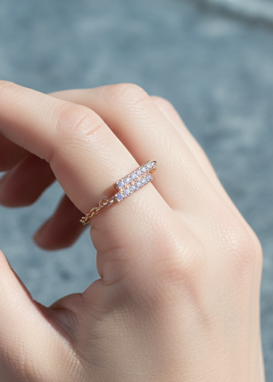 Modern Pavé Bar Double Chain Ring | Rose Gold Polish