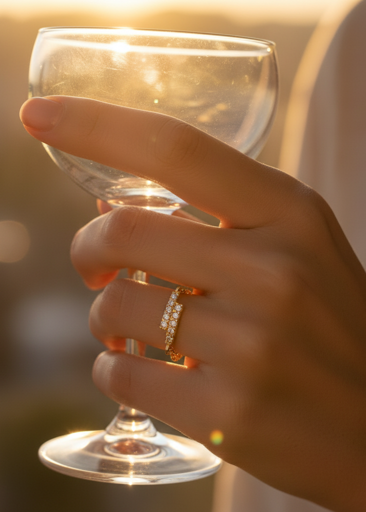 Modern Pavé Bar Double Chain Ring | Gold Polish