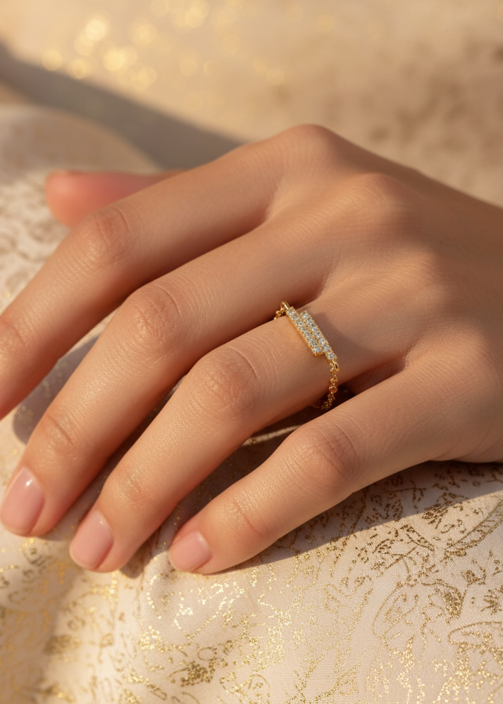 Modern Pavé Bar Double Chain Ring | Gold Polish