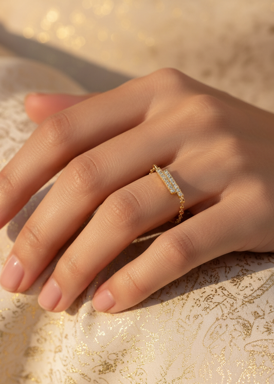 Modern Pavé Bar Double Chain Ring | Gold Polish