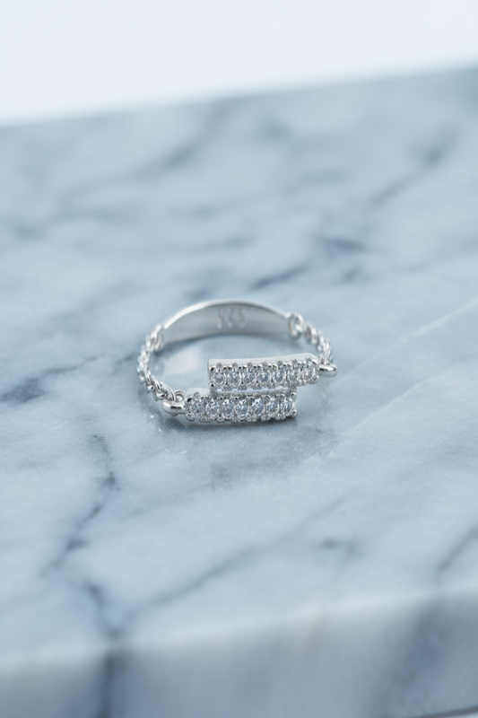 Modern Pavé Bar Double Chain Ring | 925 Sterling Silver