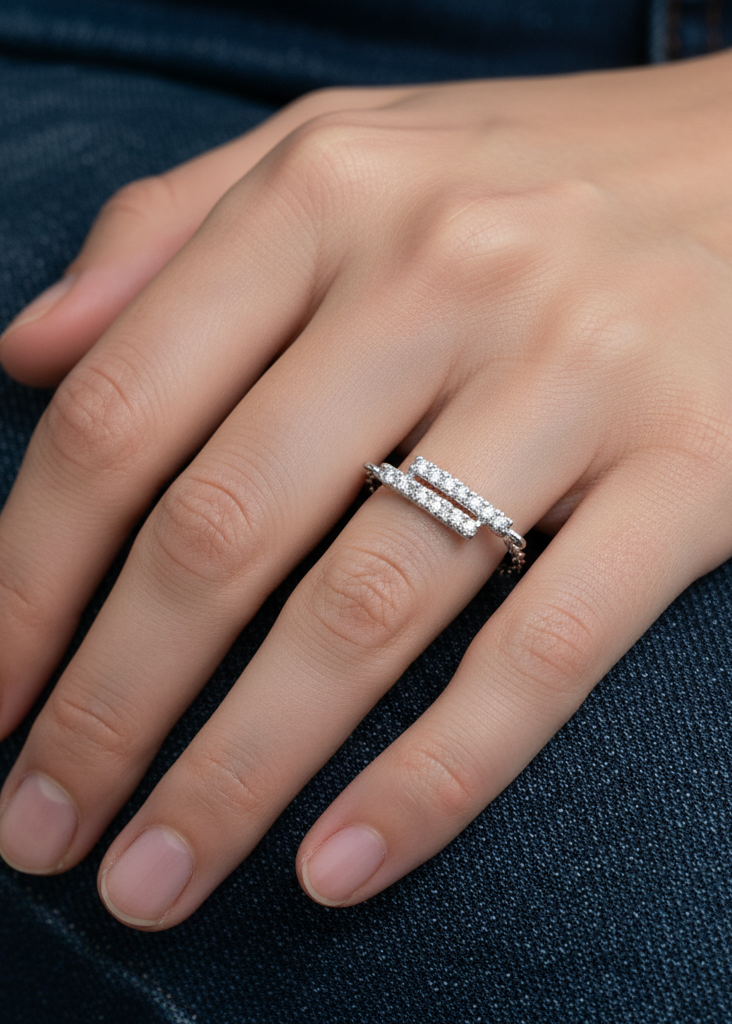Modern Pavé Bar Double Chain Ring | 925 Sterling Silver