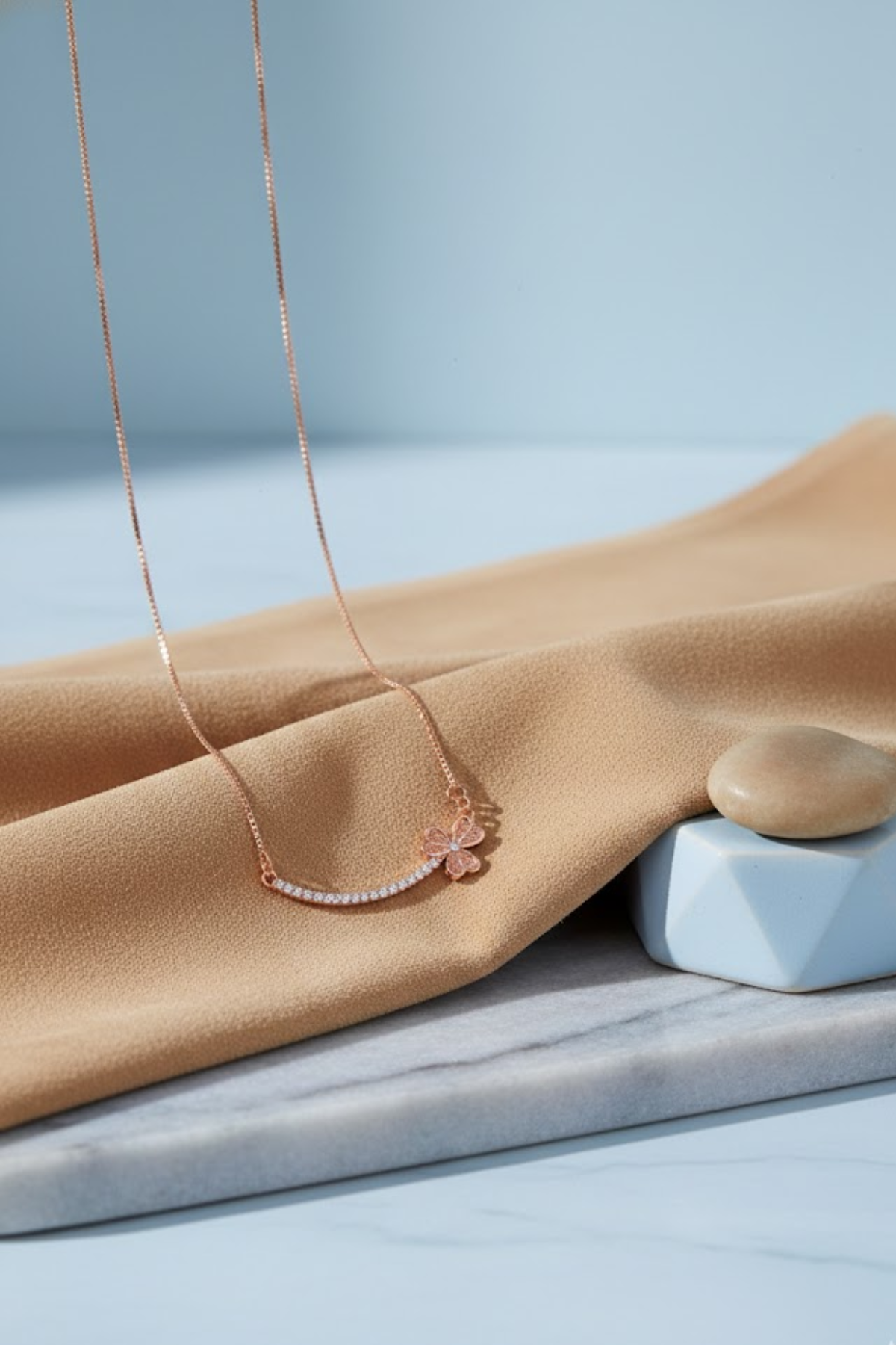 Rose Gold Crystal Curved Bar & Clover Necklace | 925 Sterling Silver