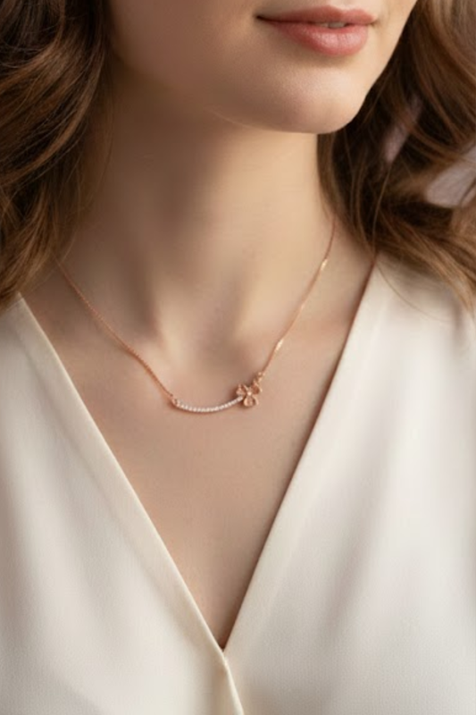 Rose Gold Crystal Curved Bar & Clover Necklace | 925 Sterling Silver