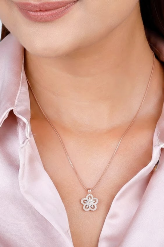 Rose Gold Crystal Floral Halo Necklace | 925 Sterling Silver