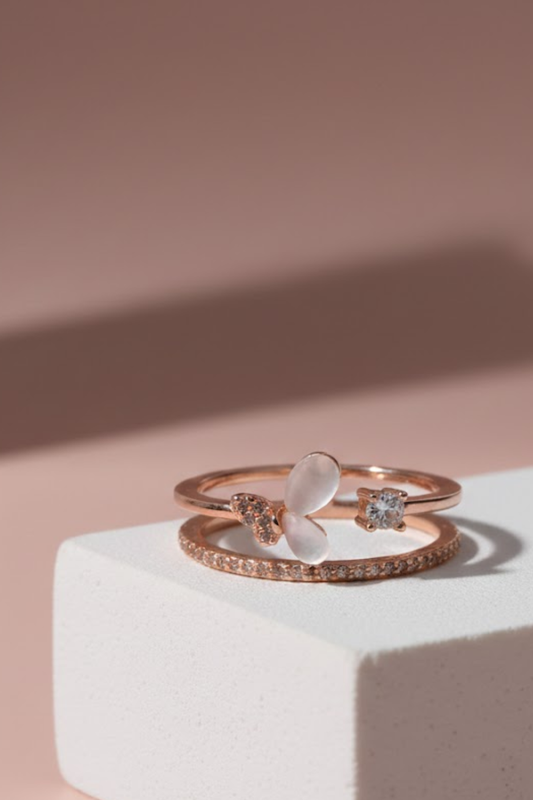 Rose Gold Crystal & Pearlescent Butterfly Ring | 925 Sterling Silver