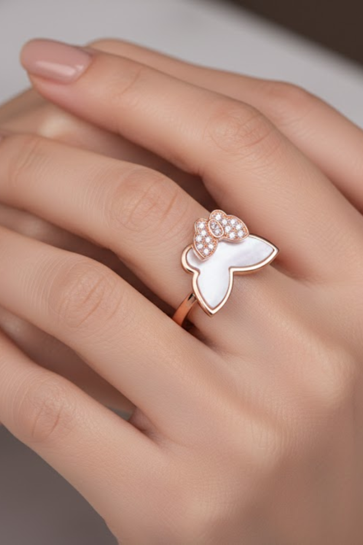 Rose Gold Mother of Pearl & Crystal Butterfly Ring | 925 Sterling Silver