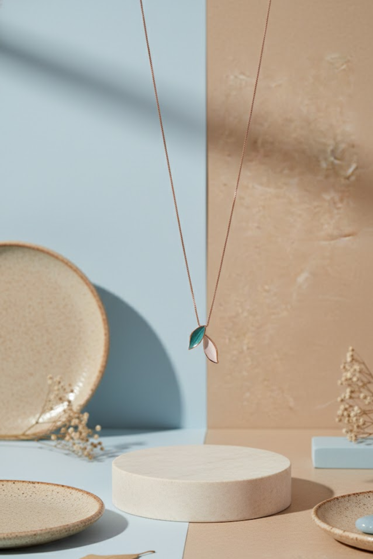 Rose Gold & Black Enamel Twin Leaf Necklace | 925 Sterling Silver