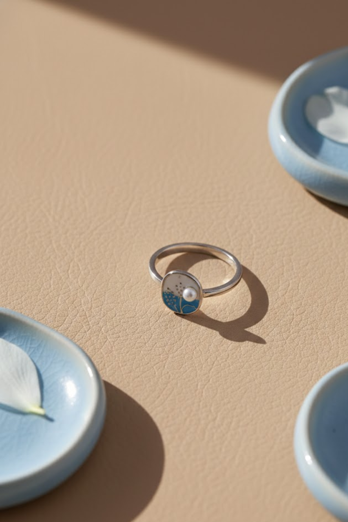 Silver Blue Enamel & Pearl Floral Coin Ring | 925 Sterling Silver