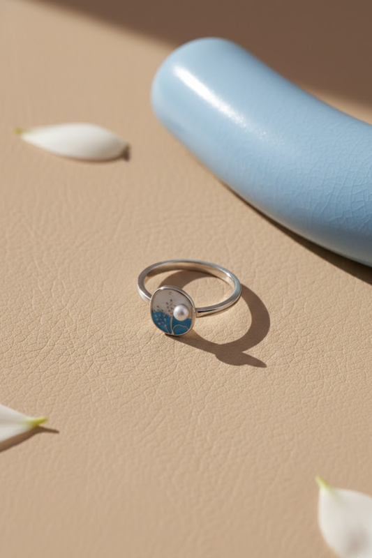 Silver Blue Enamel & Pearl Floral Coin Ring | 925 Sterling Silver