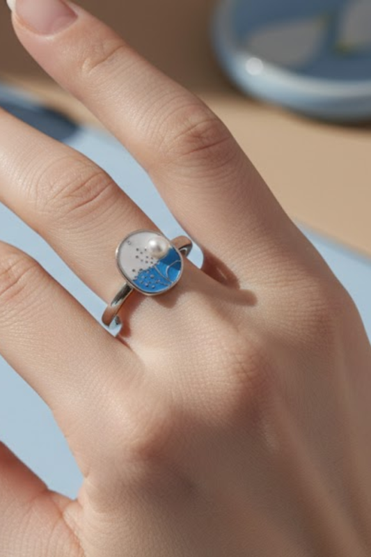 Silver Blue Enamel & Pearl Floral Coin Ring | 925 Sterling Silver