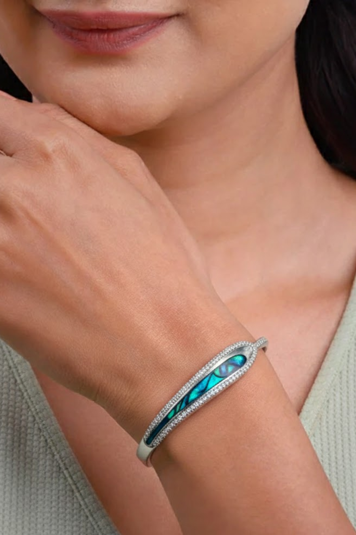 Silver Blue Opal & Crystal Wave Hinged Bangle | 925 Sterling Silver
